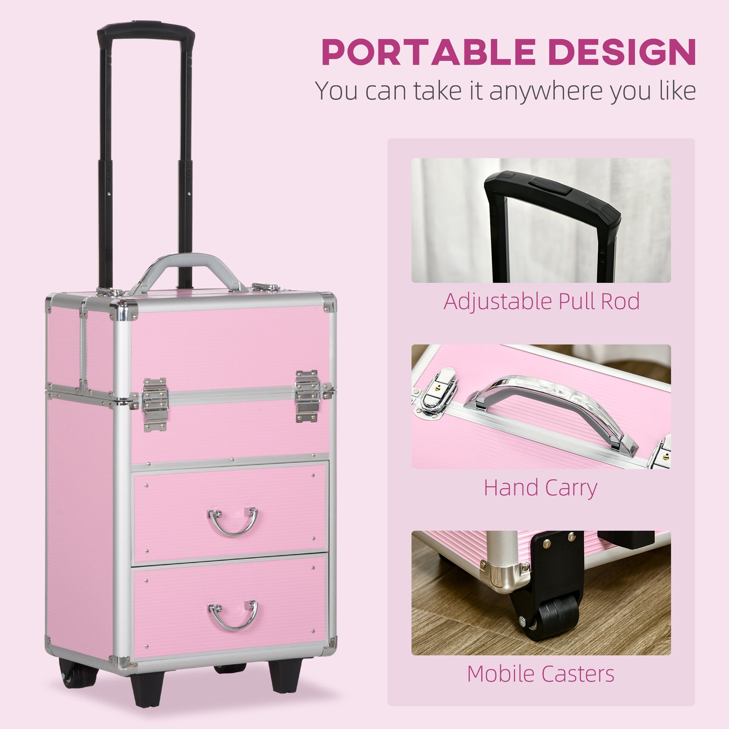 Rolling Makeup Train Case, Large Storage Cosmetic Trolley, Lockable Traveling Cart Trunk with Folding Trays, Swivel Whee