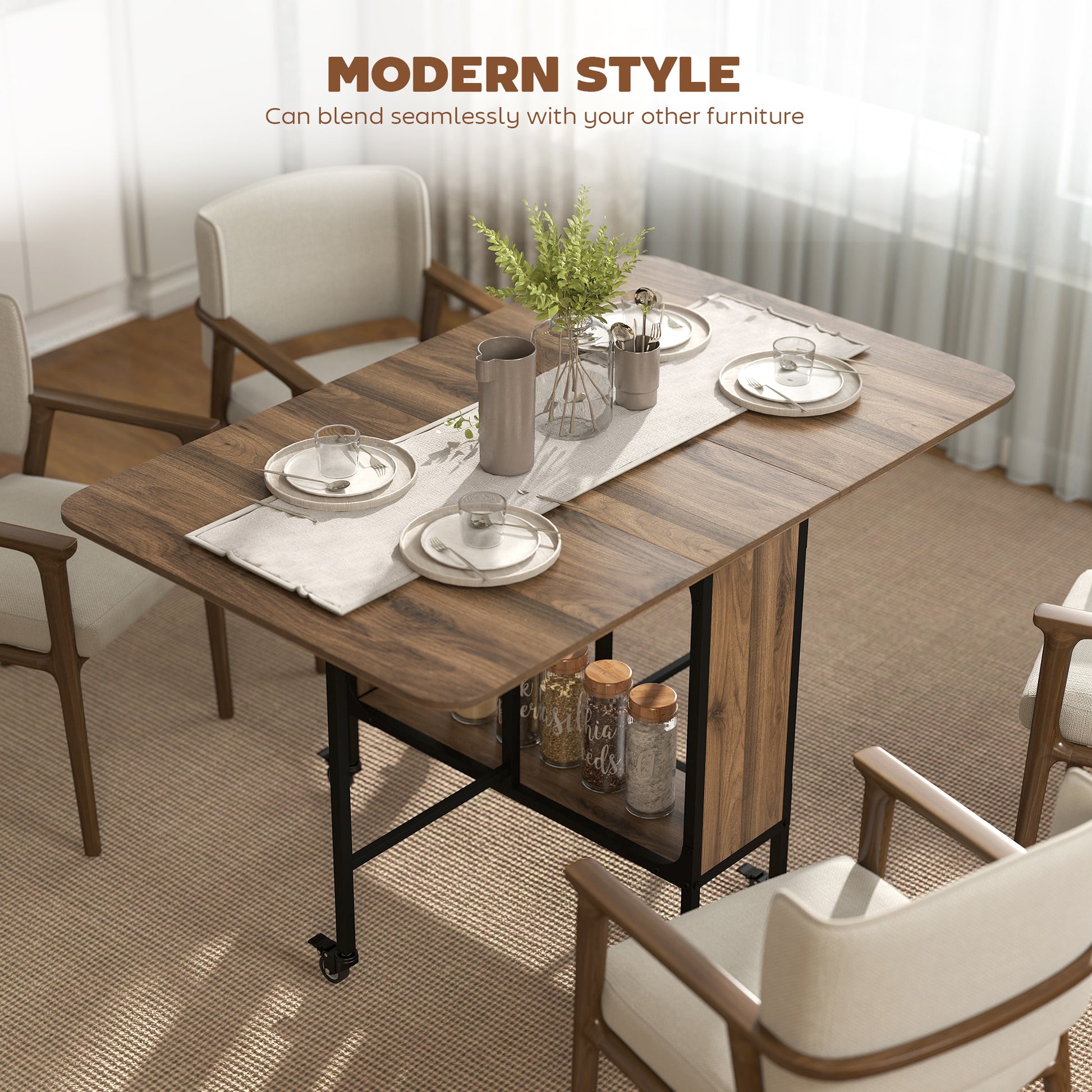 Folding Dining Table, Extendable Kitchen Table for Small Spaces with Storage Shelf and 6 Wheels, Brown Wood Grain
