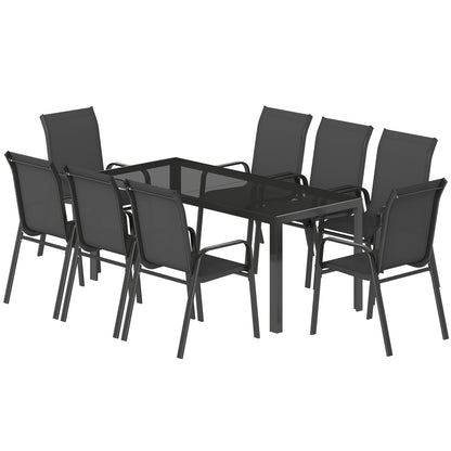 9 Pieces Patio Set with Stackable Chairs, Patio Dining Set with Glass Top for Garden, Patio, Backyard, Black