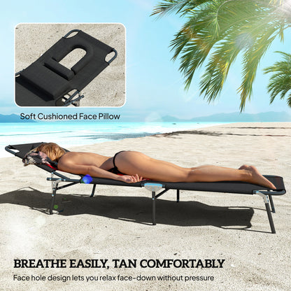 Folding Lounge Chair Set of 2, Reclining Beach Tanning Chair with Face Hole, Pillow, 4-Position Adjustable Flat Sun Loun