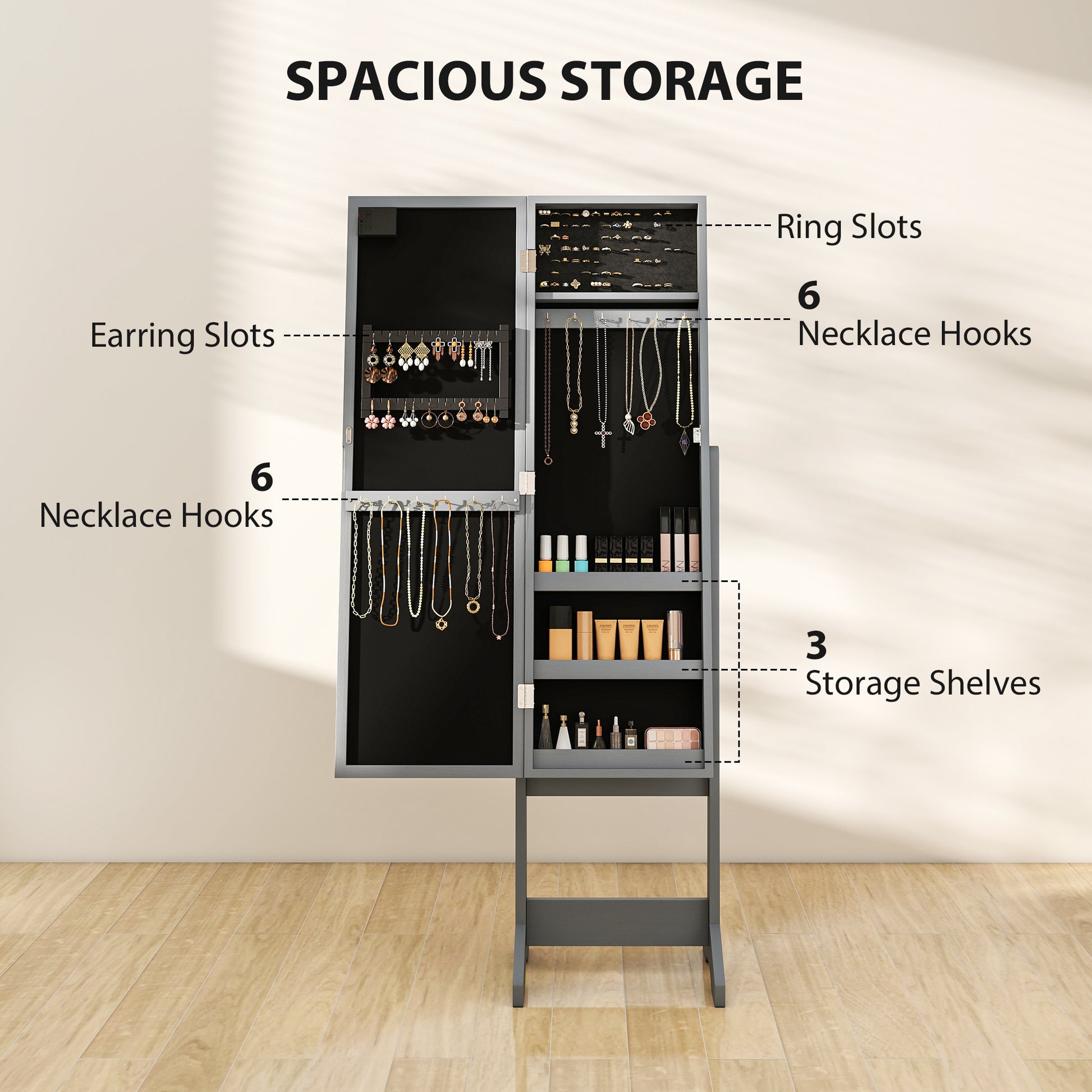 Free Standing Armoire Organizer, Lighted Mirrored Jewelry Cabinet w/ Angle Adjustable & 16 LED Lights, Grey