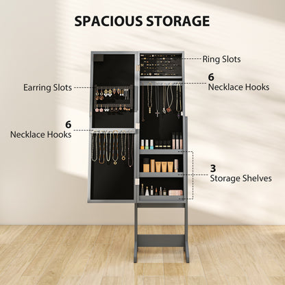 Free Standing Armoire Organizer, Lighted Mirrored Jewelry Cabinet w/ Angle Adjustable & 16 LED Lights, Grey