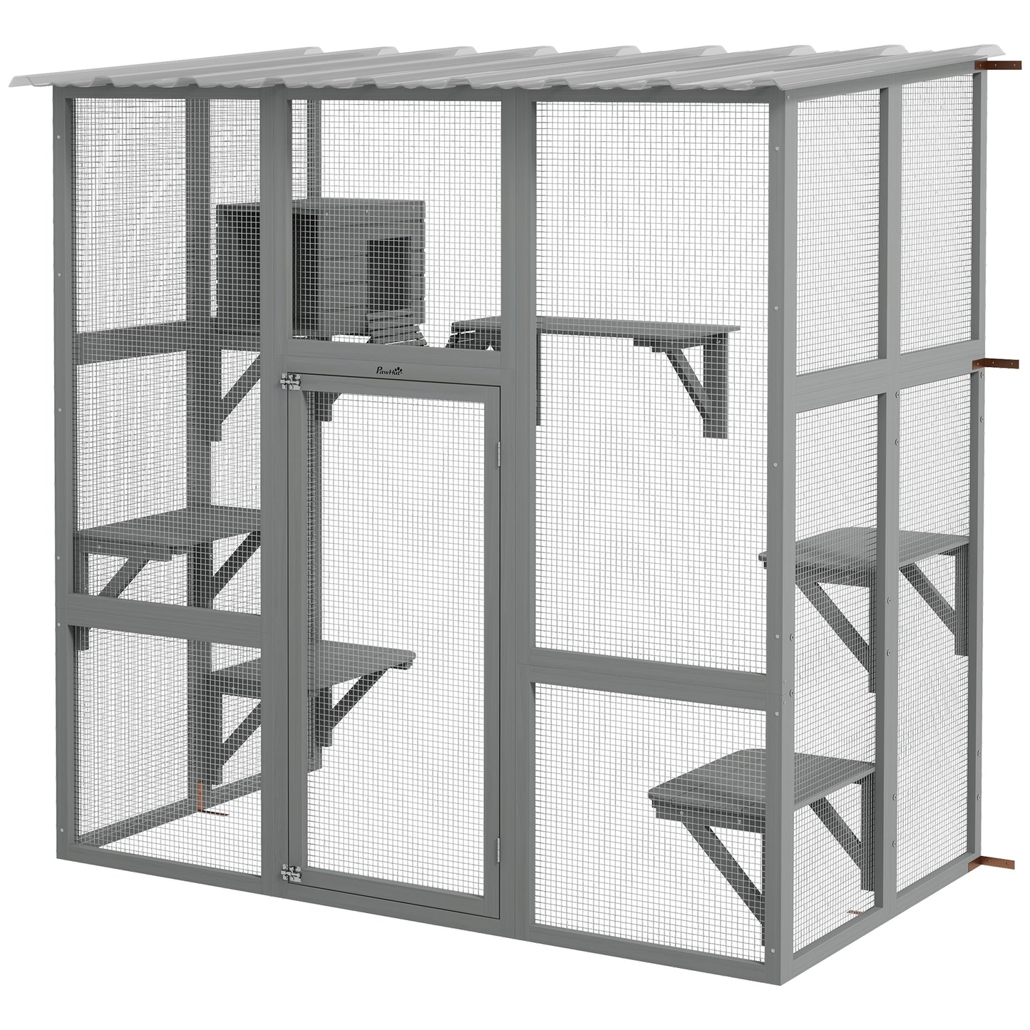 Large Outdoor Catio with Weatherproof Roof, Bridge, Resting Box, Platforms, Grey