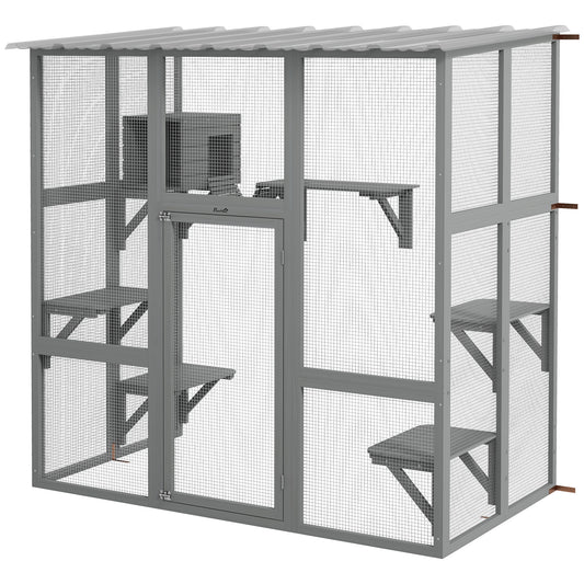 Large Outdoor Catio with Weatherproof Roof, Bridge, Resting Box, Platforms, Grey