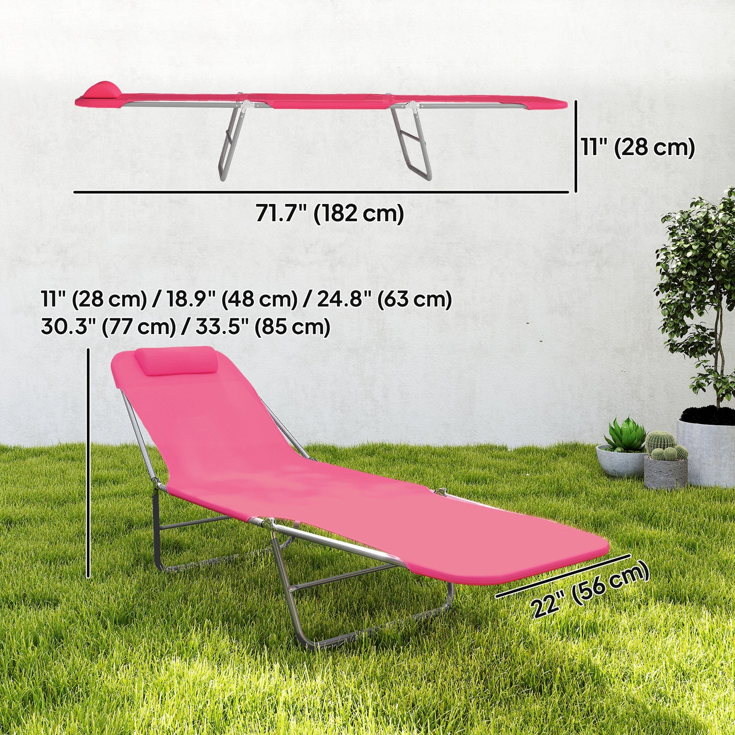 Outdoor Lounge Chair, Portable Reclining Seat, Folding Chaise Lounge, Tanning Chair Bed with Pillow, Pink