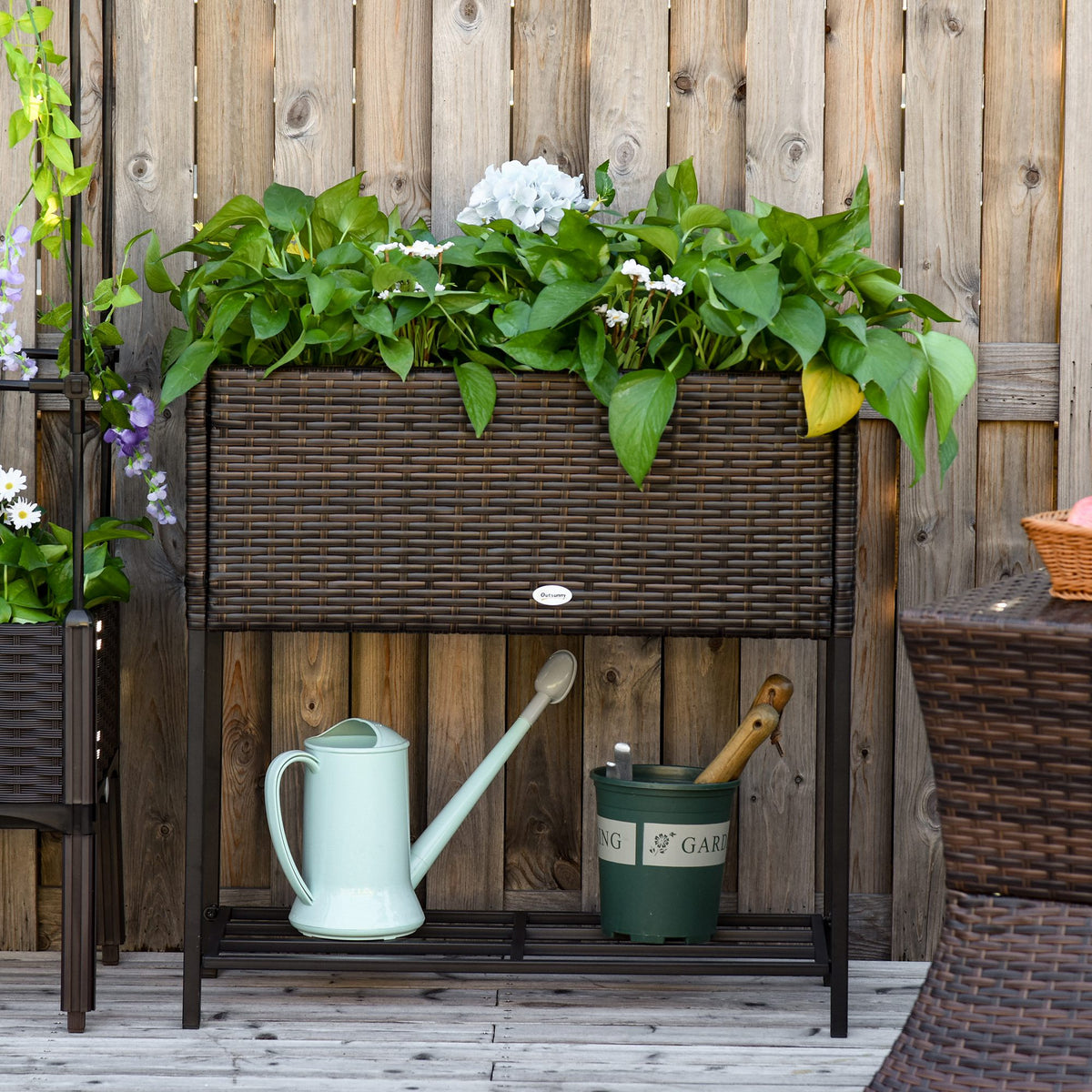 Rattan Raised Garden Boxes, Elevated Flower Beds with Storage Shelf for Herbs, Flowers, Vegetables, Brown