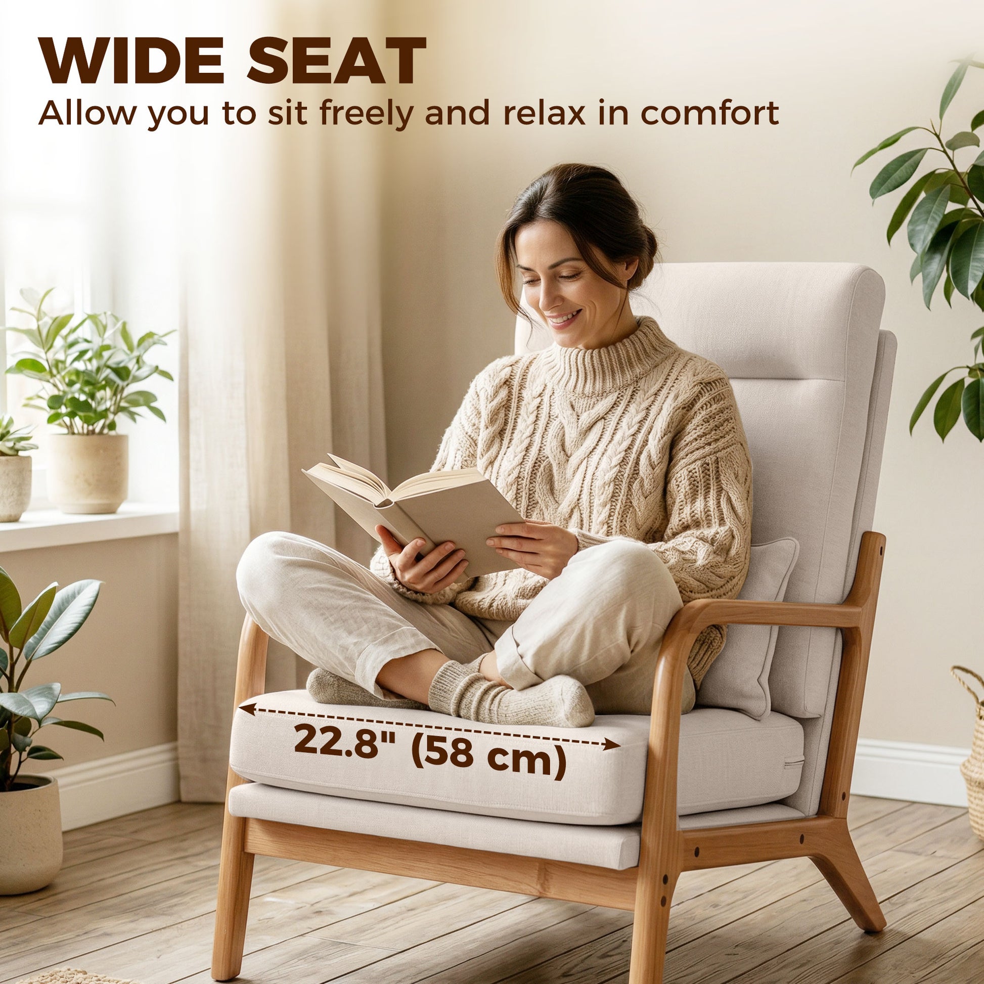 Modern Accent Chair, Linen Armchair with Lumbar Pillow, High Back, Wide Seat, Thick Cushion, Solid Wood Frame, Cream Whi