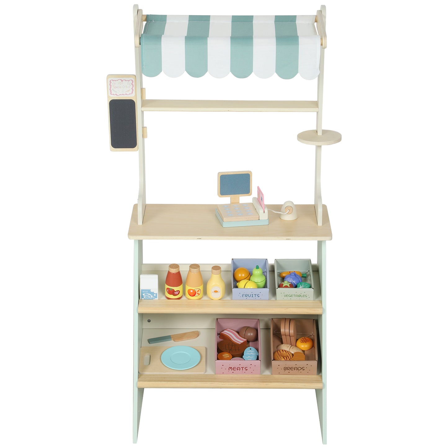 Qaba Kids Grocery Store Playset, Supermarket Toy Set with Cash Register, Chalkboard and Toy Food for Toddler Boys Girls 