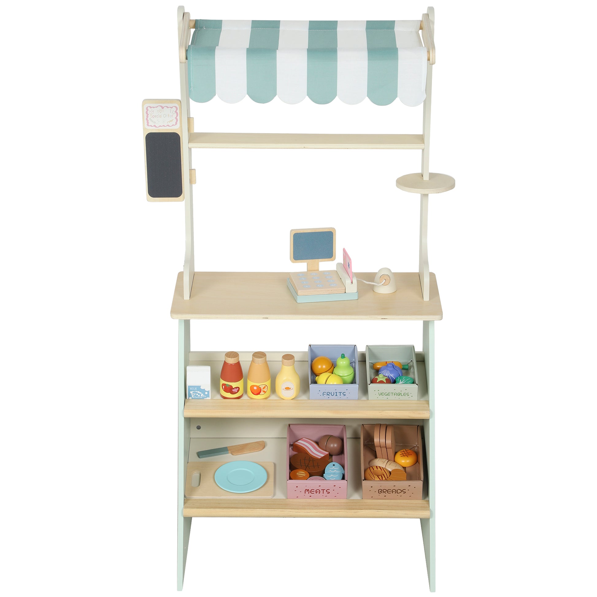 Qaba Kids Grocery Store Playset, Supermarket Toy Set with Cash Register, Chalkboard and Toy Food for Toddler Boys Girls 