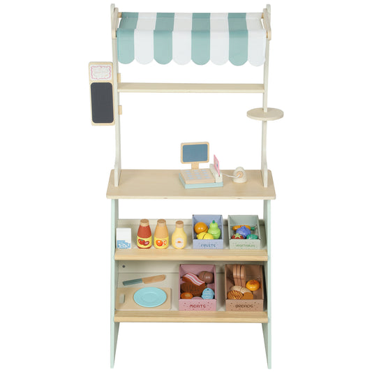 Qaba Kids Grocery Store Playset, Supermarket Toy Set with Cash Register, Chalkboard and Toy Food for Toddler Boys Girls 