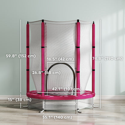 Qaba 55" Toddler Trampoline with Safety Enclosure Net, for Indoor Outdoor Use, Ages 3-6 Years, Pink