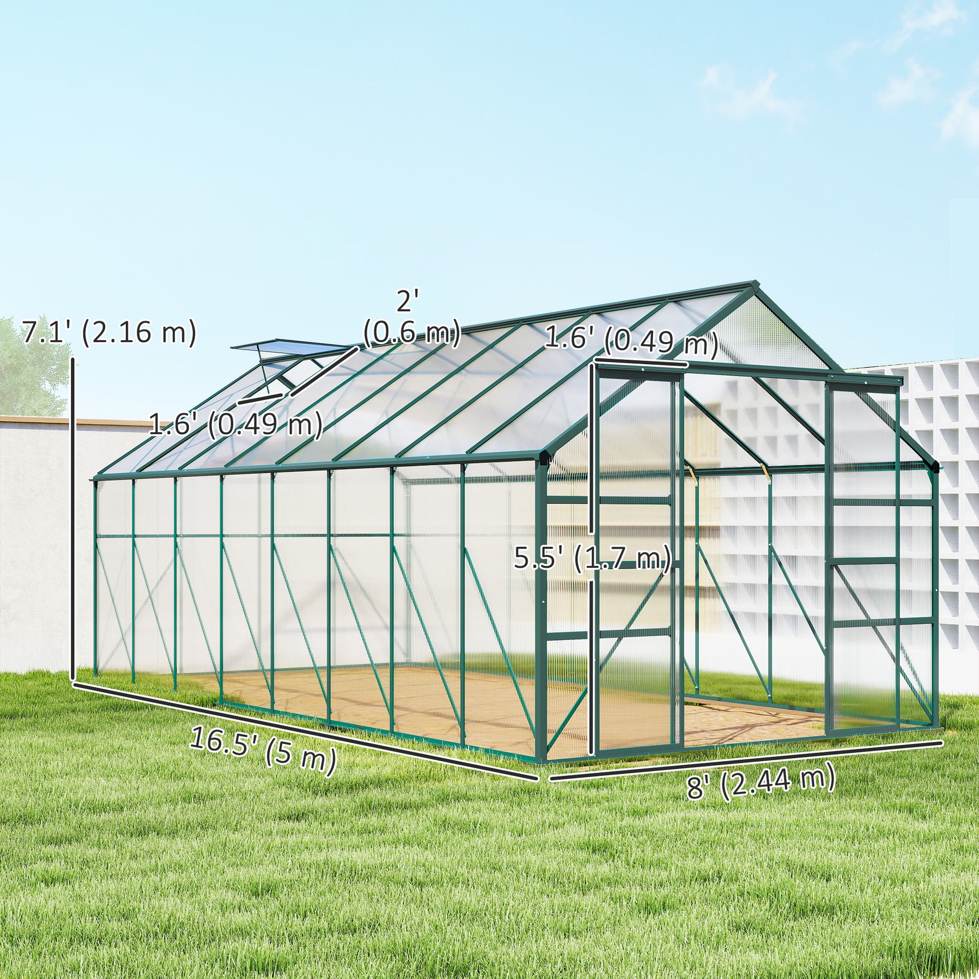 16' x 8' Aluminum Polycarbonate Greenhouse Walk-in Garden Greenhouse Kit with Adjustable Roof Vent, Rain Gutter and Slid