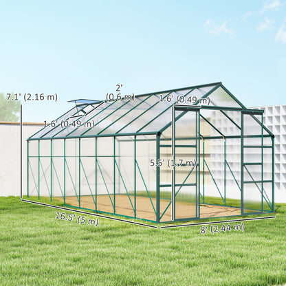 16' x 8' Aluminum Polycarbonate Greenhouse Walk-in Garden Greenhouse Kit with Adjustable Roof Vent, Rain Gutter and Slid