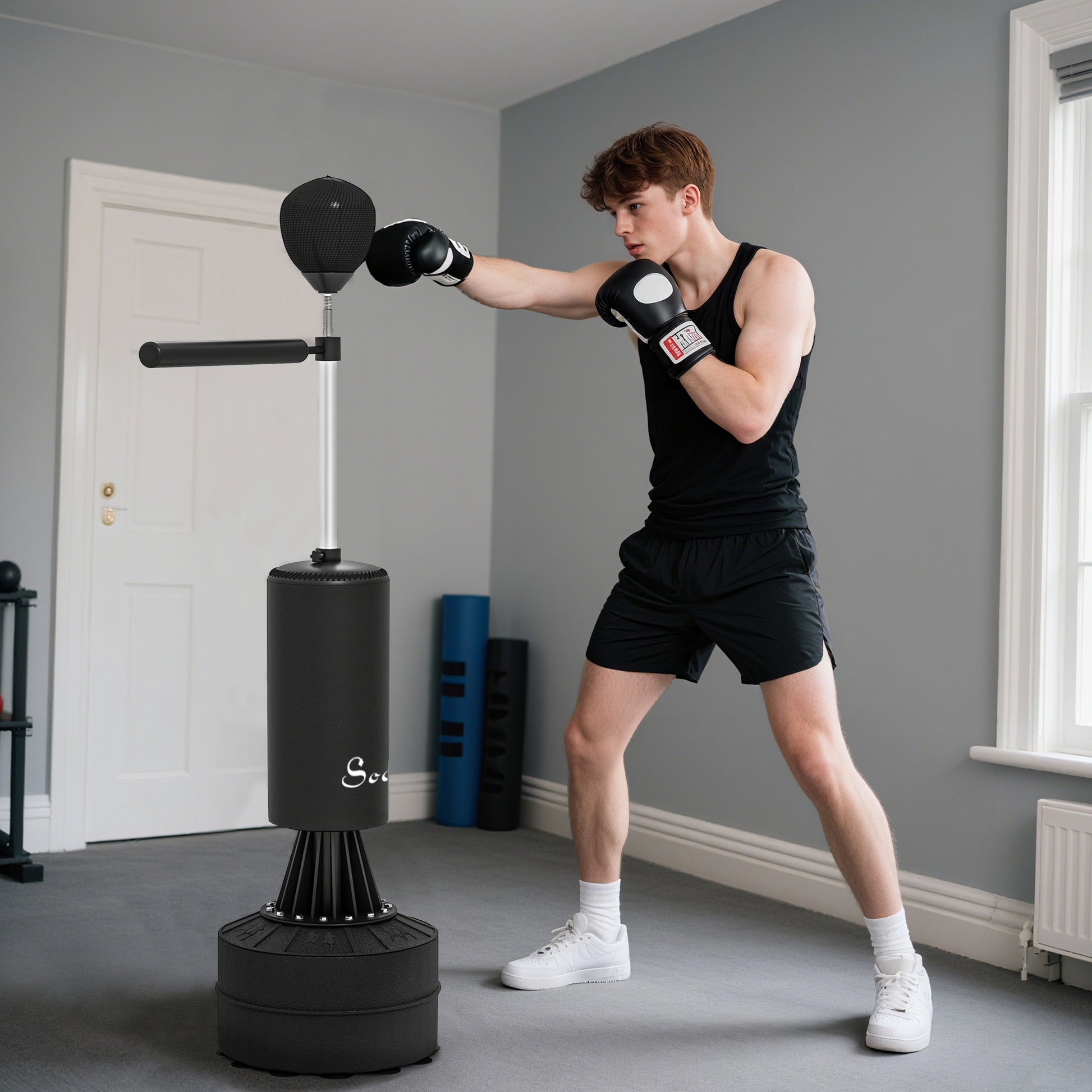 Soozier Freestanding Boxing Punch Bag Stand with 360° Rotating Flexible Arm, Speed Ball, Waterable and Sandable Base, Bl