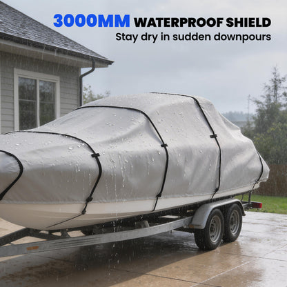20-21 Ft Trailer Boat Cover, 3000mm Waterproof Universal Boat Cover with Quick-Fasten Buckles, Light Grey