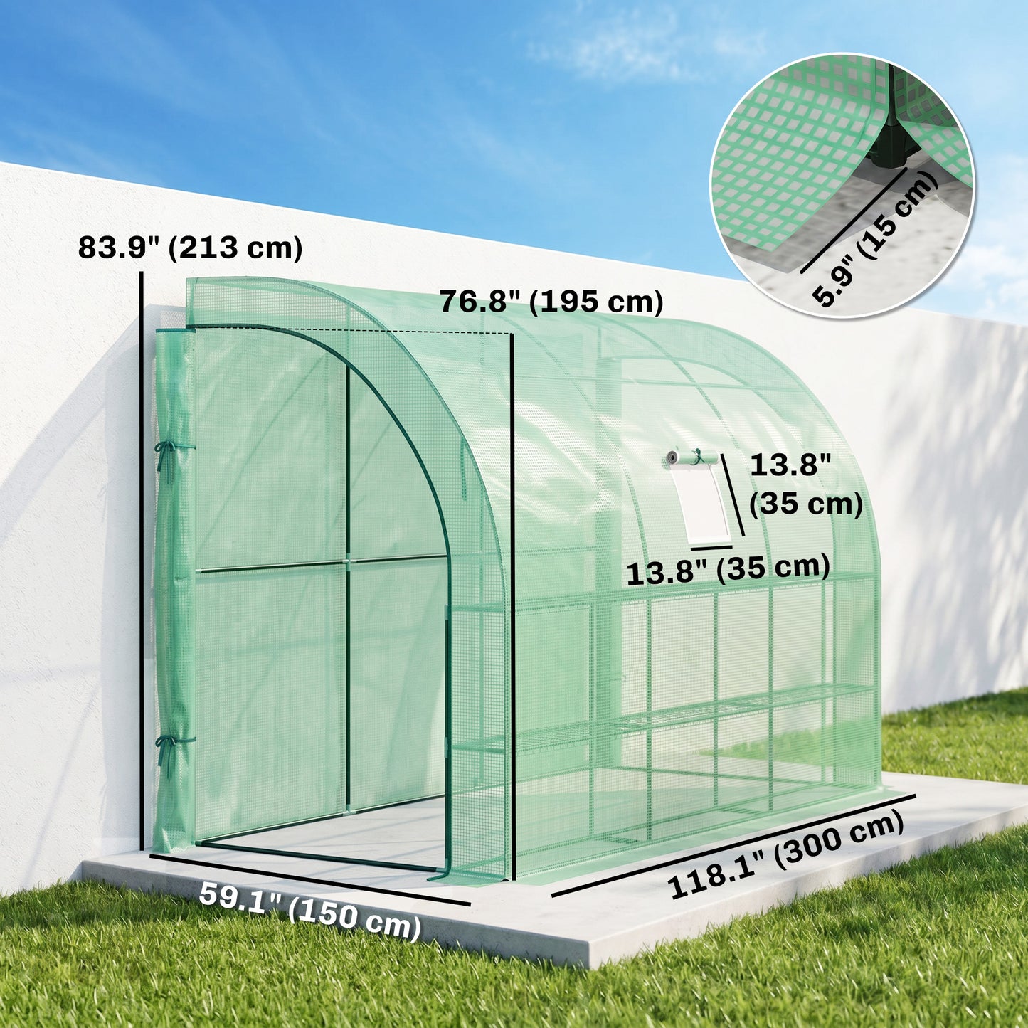 Walk-in Wall Lean-to Greenhouse, 10' x 5' x 7' Outdoor Gardening Green House with PE Cover, Windows, Shelves and 2 Zippe