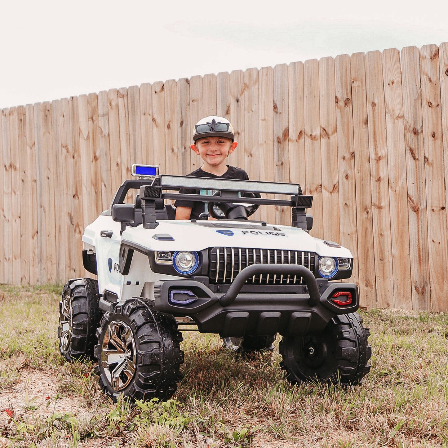 VarietyKart Kids 2 Seater Ride-On Car Police Truck Electric with LED Lights & MP3 for Kids White