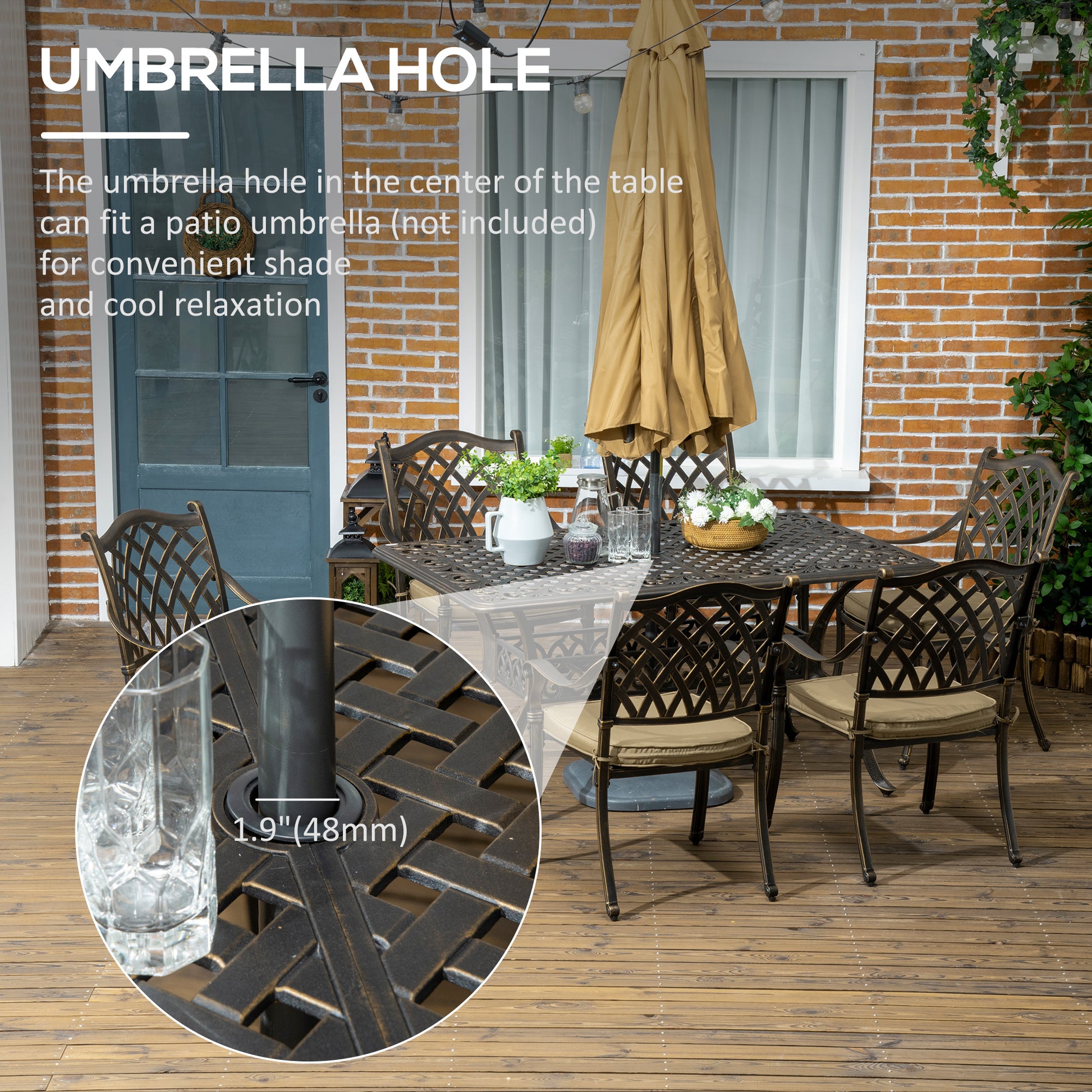 7 Pieces Patio Dining Set with Umbrella Hole, Cast Aluminum Outdoor Patio Furniture Set with 6 Cushioned Chairs and Rect