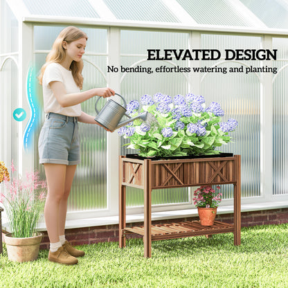 Wooden Raised Garden Bed, Elevated Planter Box with Storage Shelf, Drainage Holes and Liner, 34"x18"x30", Carbonized