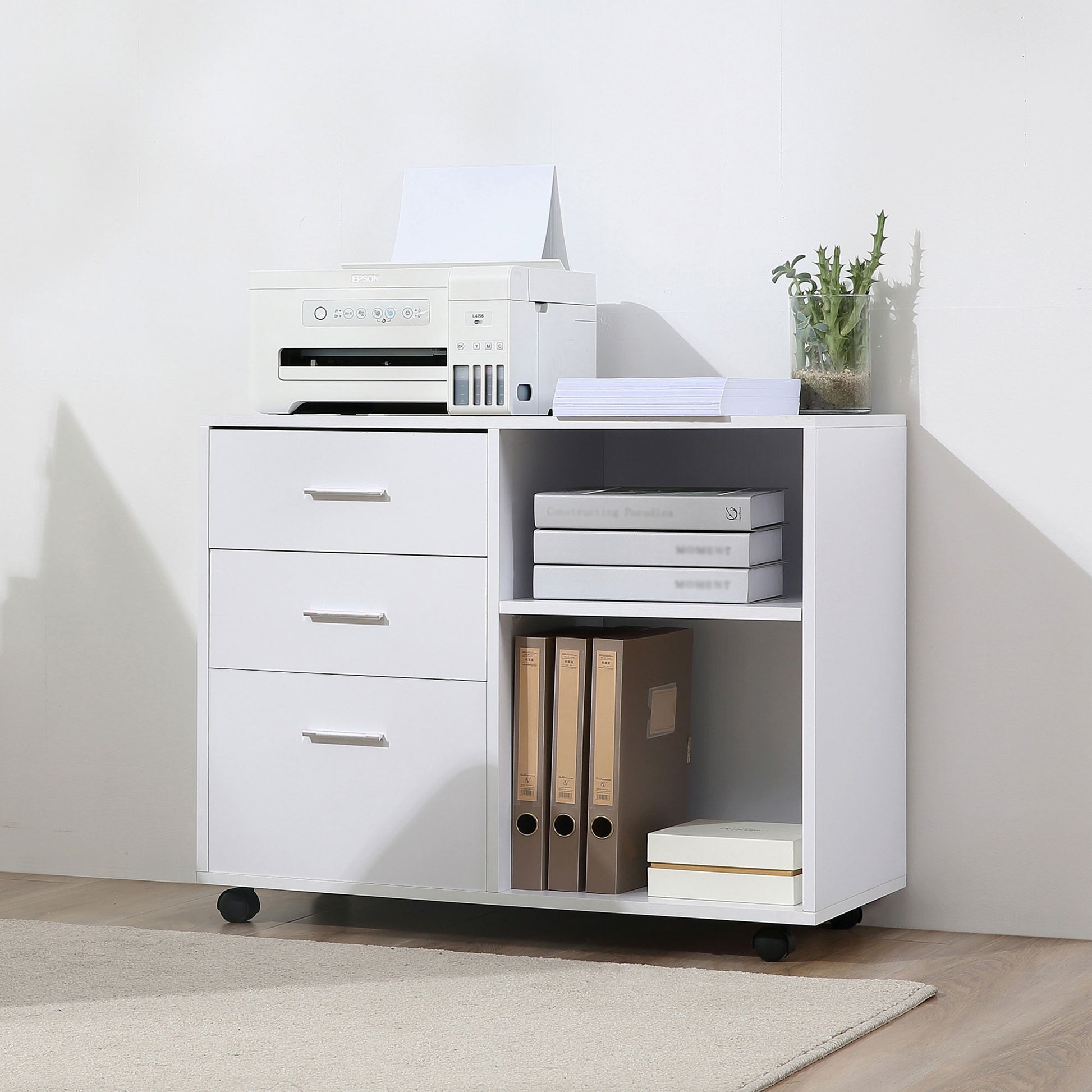 Modern Lateral Filing Cabinet, 3 Drawer File Cabinet for Letter and A4 Size Documents, Mobile, Printer Stand with Open S