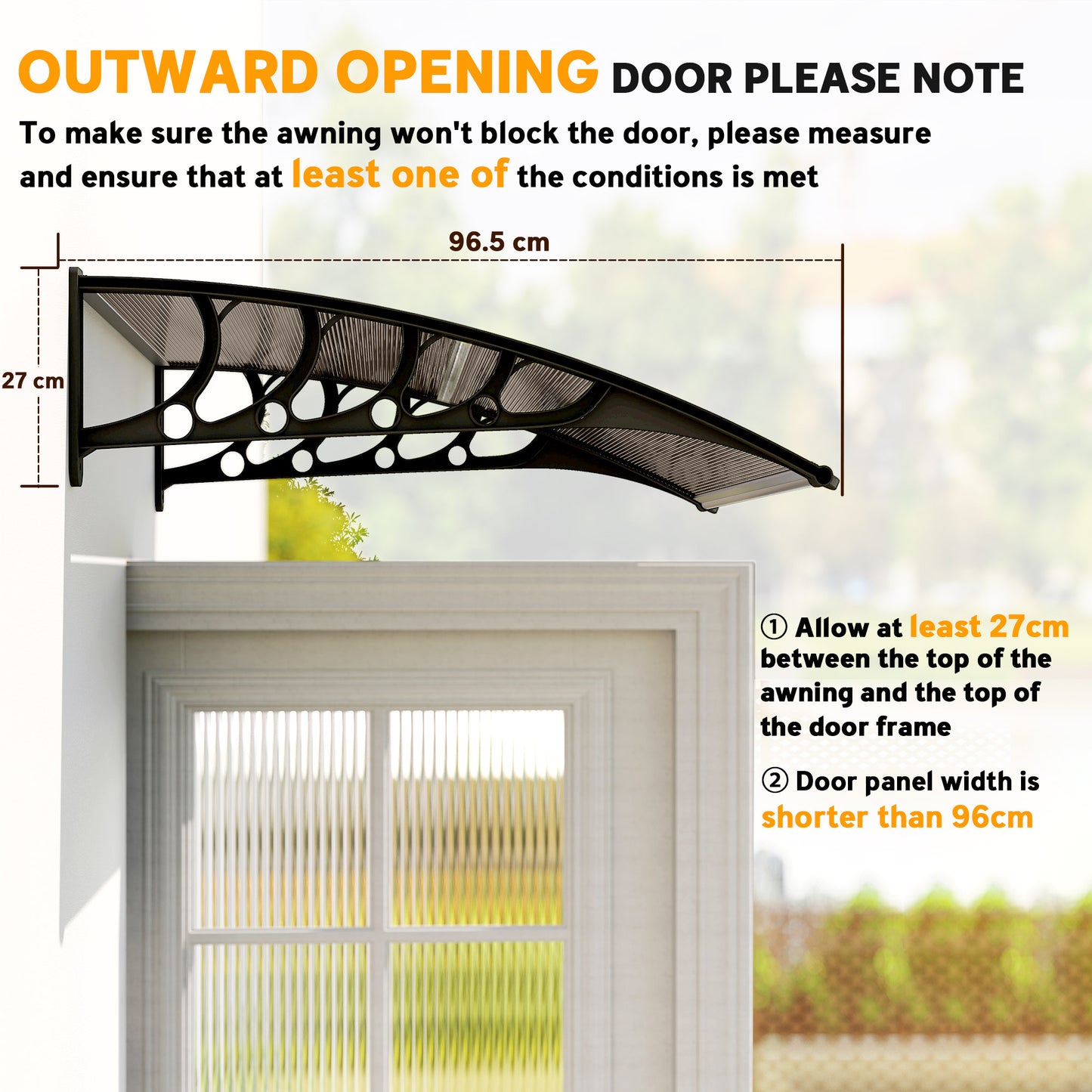 Awning Door Canopy, 40.6" x 38" Polycarbonate Front Door Outdoor Patio Cover with Hollow Sheet for UV Protection, Brown