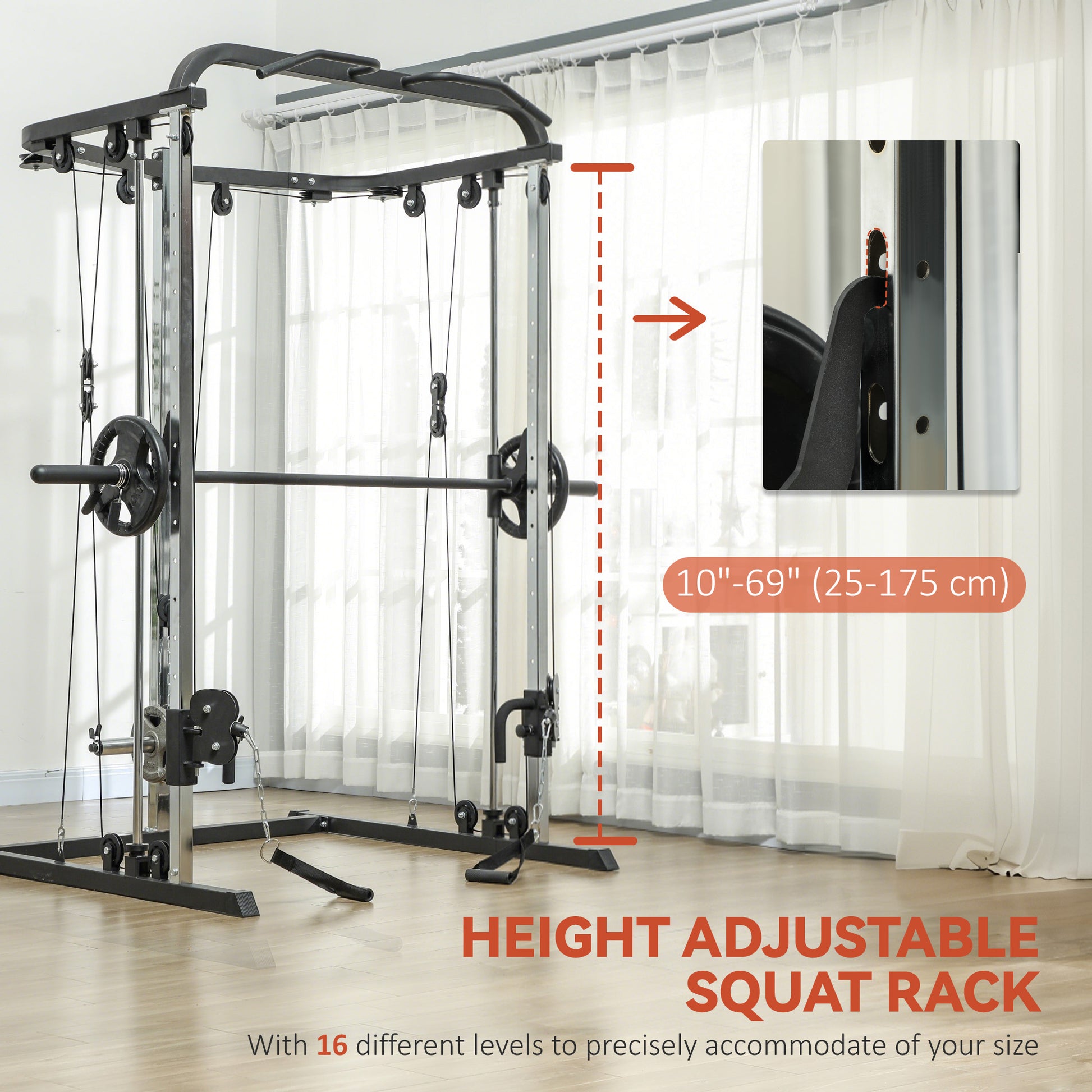 Soozier 3 In 1 Smith Machine Power Rack with Cable Crossover System, Pull up Station, 16-Level Squat Rack and Barbell Ba