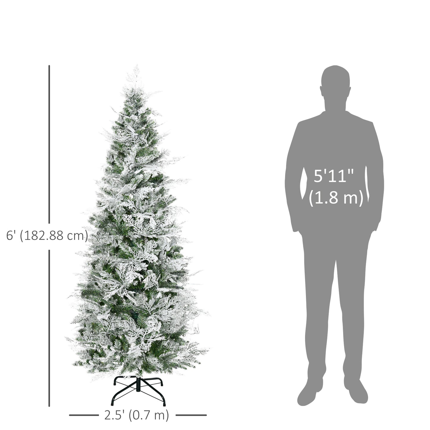 6 Feet Pencil Snow Flocked Artificial Christmas Tree with 517 Realistic Cypress Branches, Auto Open, Green