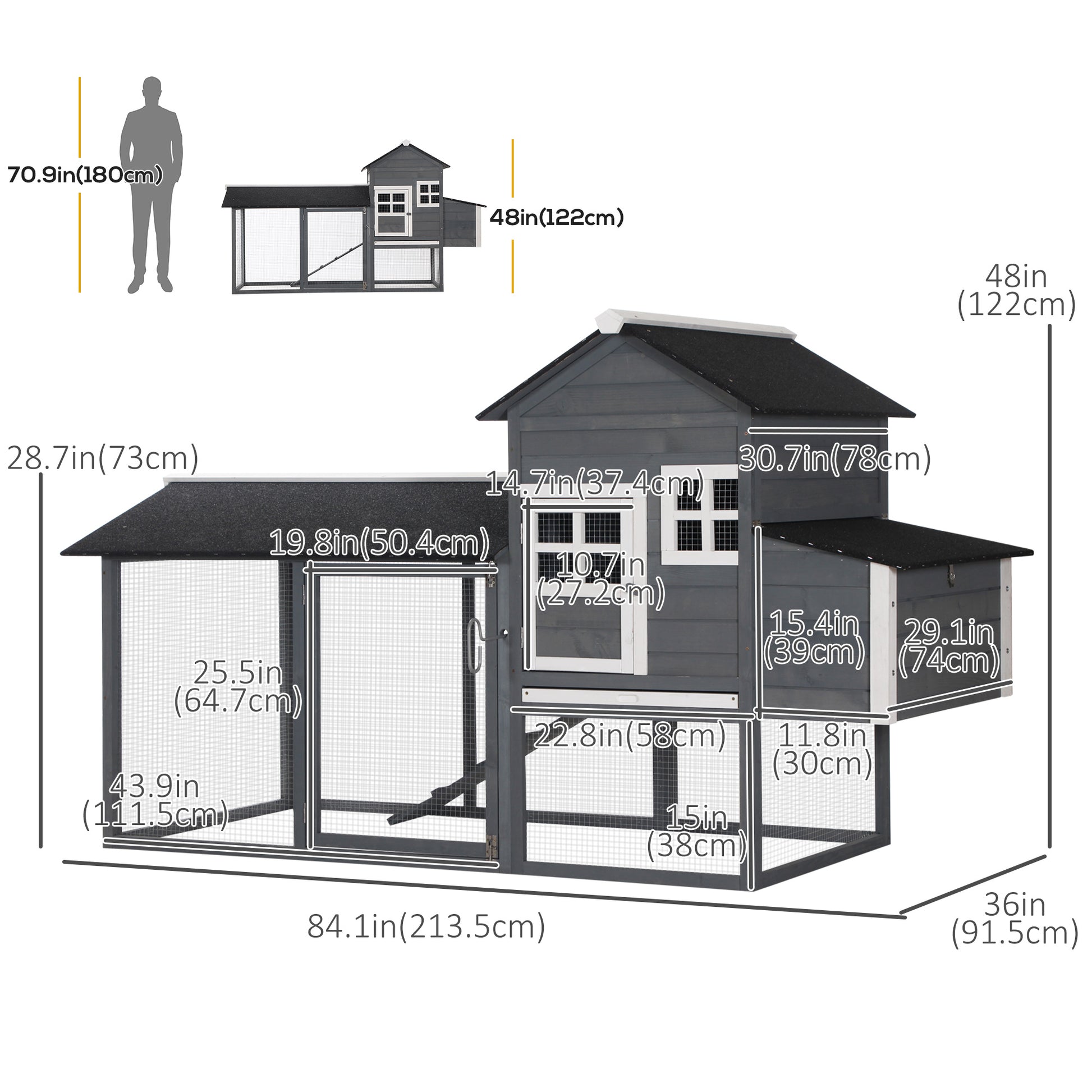 82" Chicken Coop Wooden Hen House Rabbit Hutch Poultry Cage Pen Outdoor Backyard with Nesting Box and Run, Grey