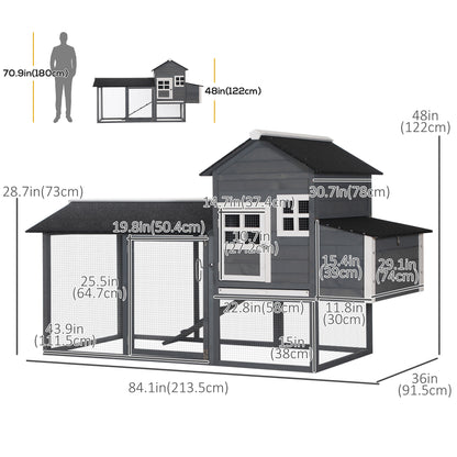 82" Chicken Coop Wooden Hen House Rabbit Hutch Poultry Cage Pen Outdoor Backyard with Nesting Box and Run, Grey