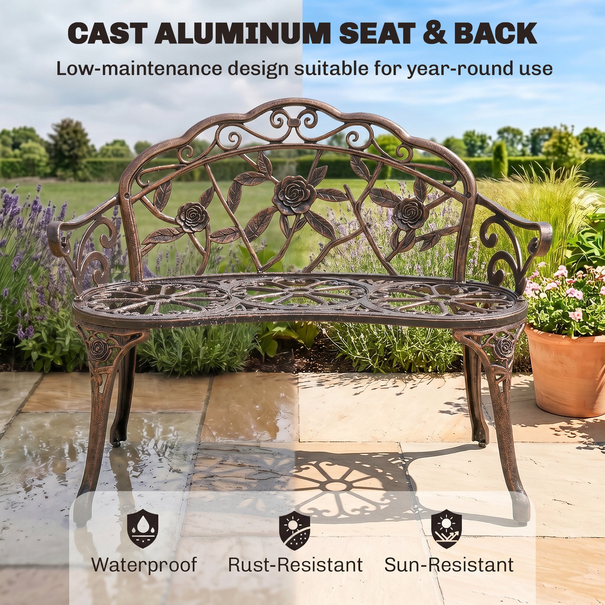 40" Outdoor Garden Bench, Cast Aluminum Antique Rose Style Patio Garden Park Loveseat Bench for Backyard, Porch, Balcony