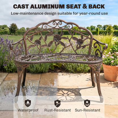 40" Outdoor Garden Bench, Cast Aluminum Antique Rose Style Patio Garden Park Loveseat Bench for Backyard, Porch, Balcony