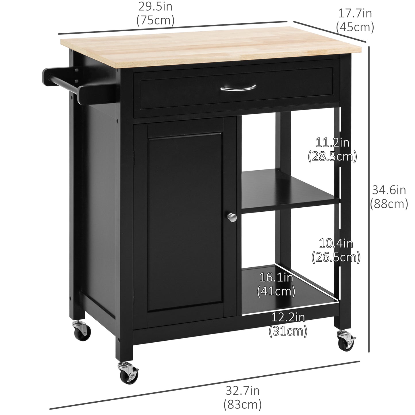 Rolling Kitchen Cart with Wood Top and Drawer, Kitchen Island on Wheels for Dining Room, Black | VarietyKart Canada