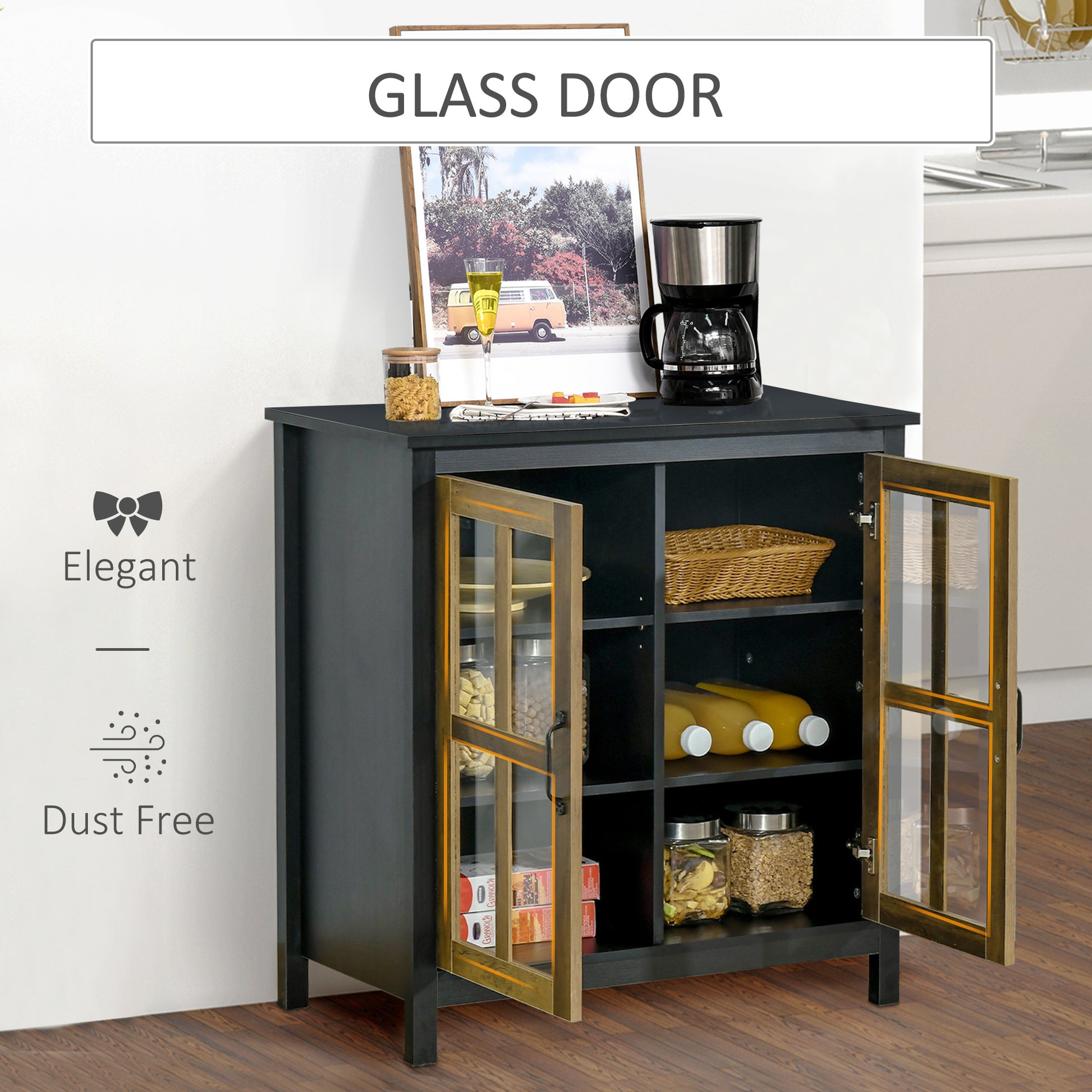 Kitchen Sideboard, Glass Door Buffet Cabinet, Accent Storage Cabinet with 2 Glass Doors and Adjustable Shelf for Dining 