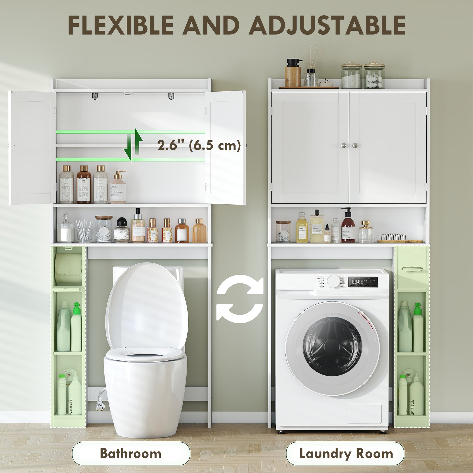 Modern Over the Toilet Storage Cabinet with 2 Doors, Above Commode Storage Cabinet with Toilet Paper Holder, White