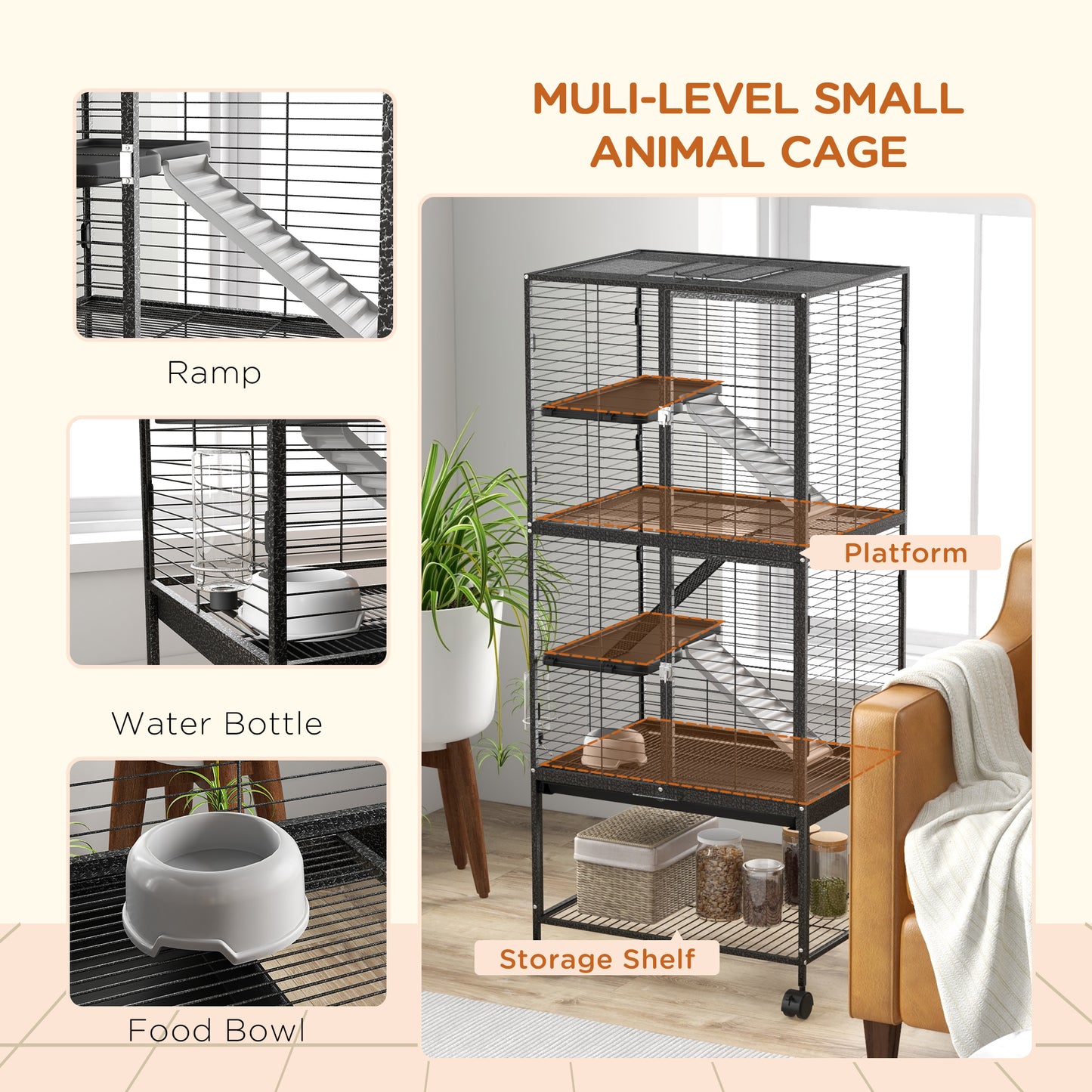 Rolling Small Animal Cage 53.5"H Chinchilla Cage for Ferrets, Squirrels w/ Removable Tray, Storage Shelf, Dark Grey