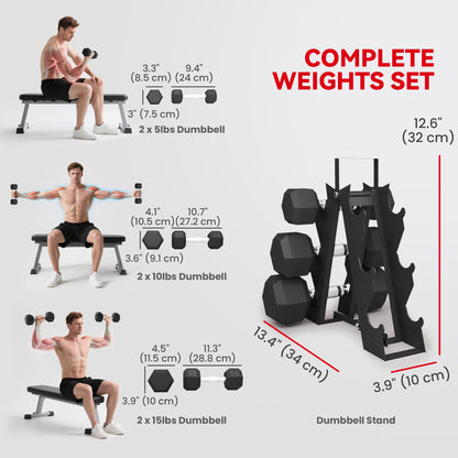 Soozier 60 LBS Hex Dumbbell Set with Rack, Rubber Coated Weights with Non-Slip Handles for Home Gym Strength Training