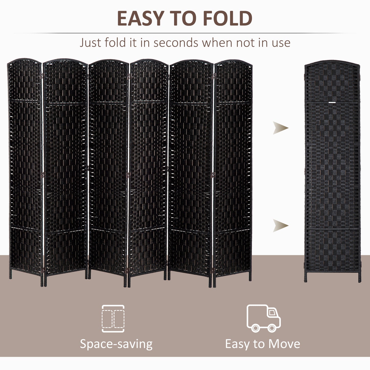 6ft Folding Room Divider, 6 Panel Wall Partition with Wooden Frame for Bedroom, Home Office, Black