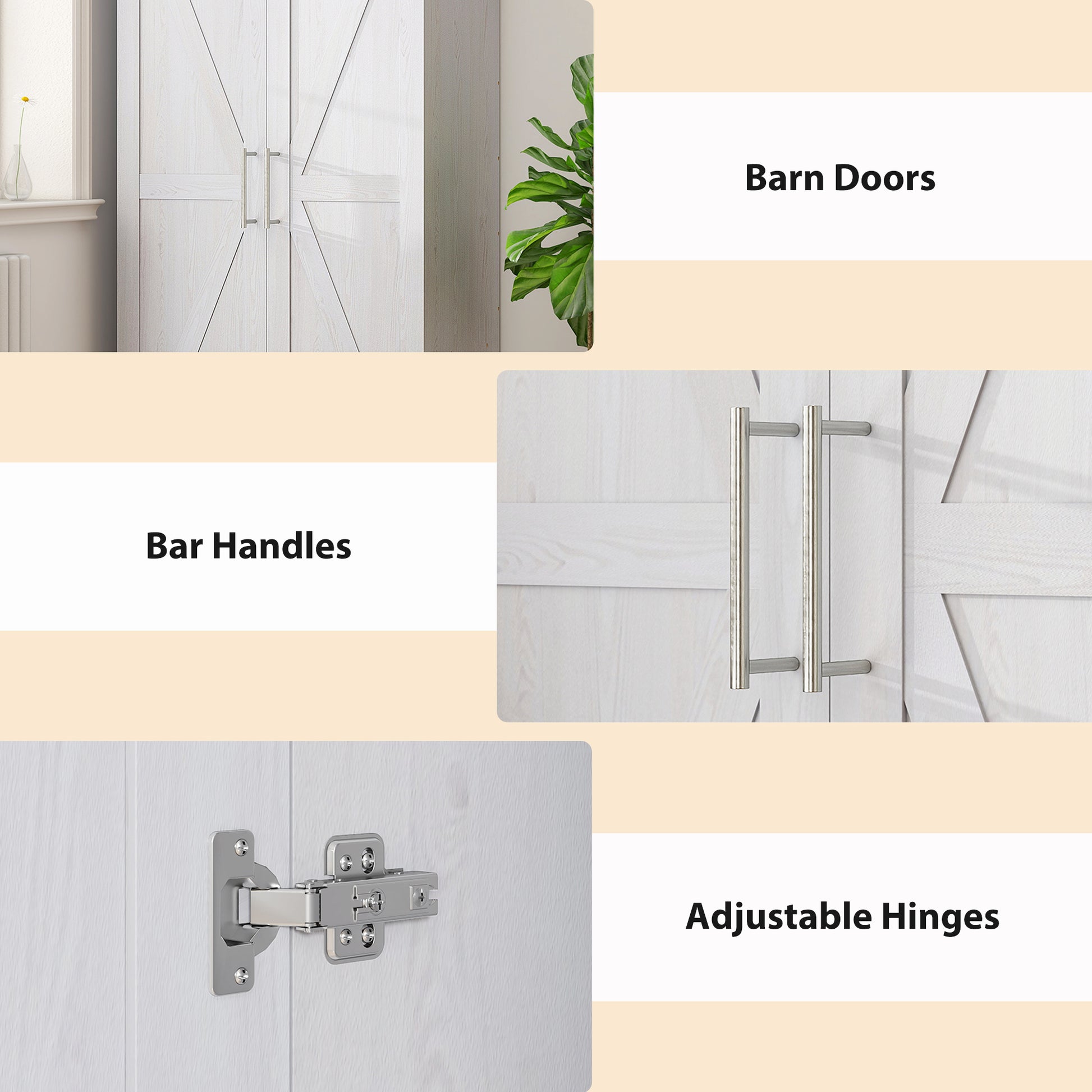 Wardrobe Cabinet with Hanging Rod, Anti-Tipping and 2 Barn Doors, Farmhouse Wardrobe Closet for Bedroom, White Wood Effe