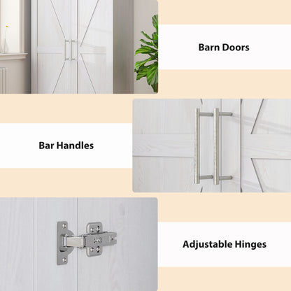 Wardrobe Cabinet with Hanging Rod, Anti-Tipping and 2 Barn Doors, Farmhouse Wardrobe Closet for Bedroom, White Wood Effe