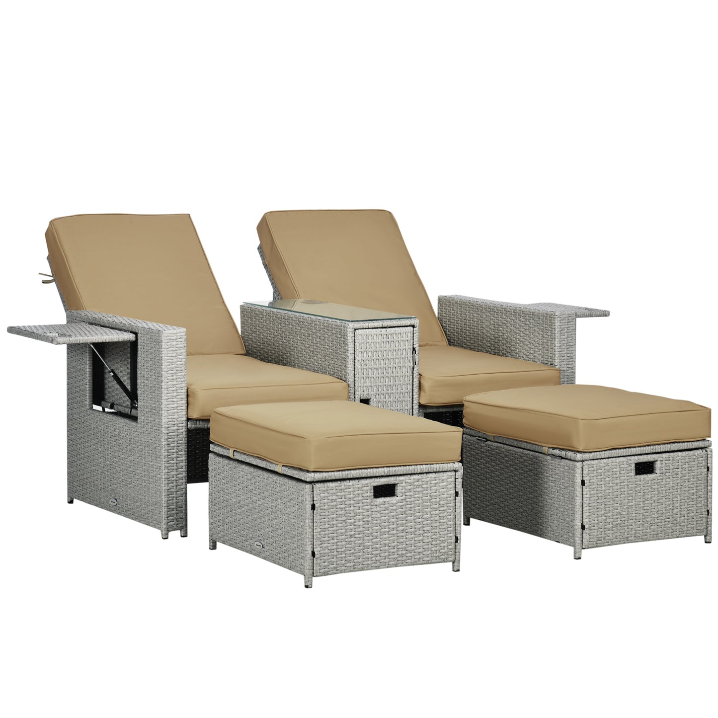 5PC Wicker Patio Lounger, Outdoor PE Rattan 5-level Adjustable Recliner Sofa Bed with Storage Side Table and Footstools,