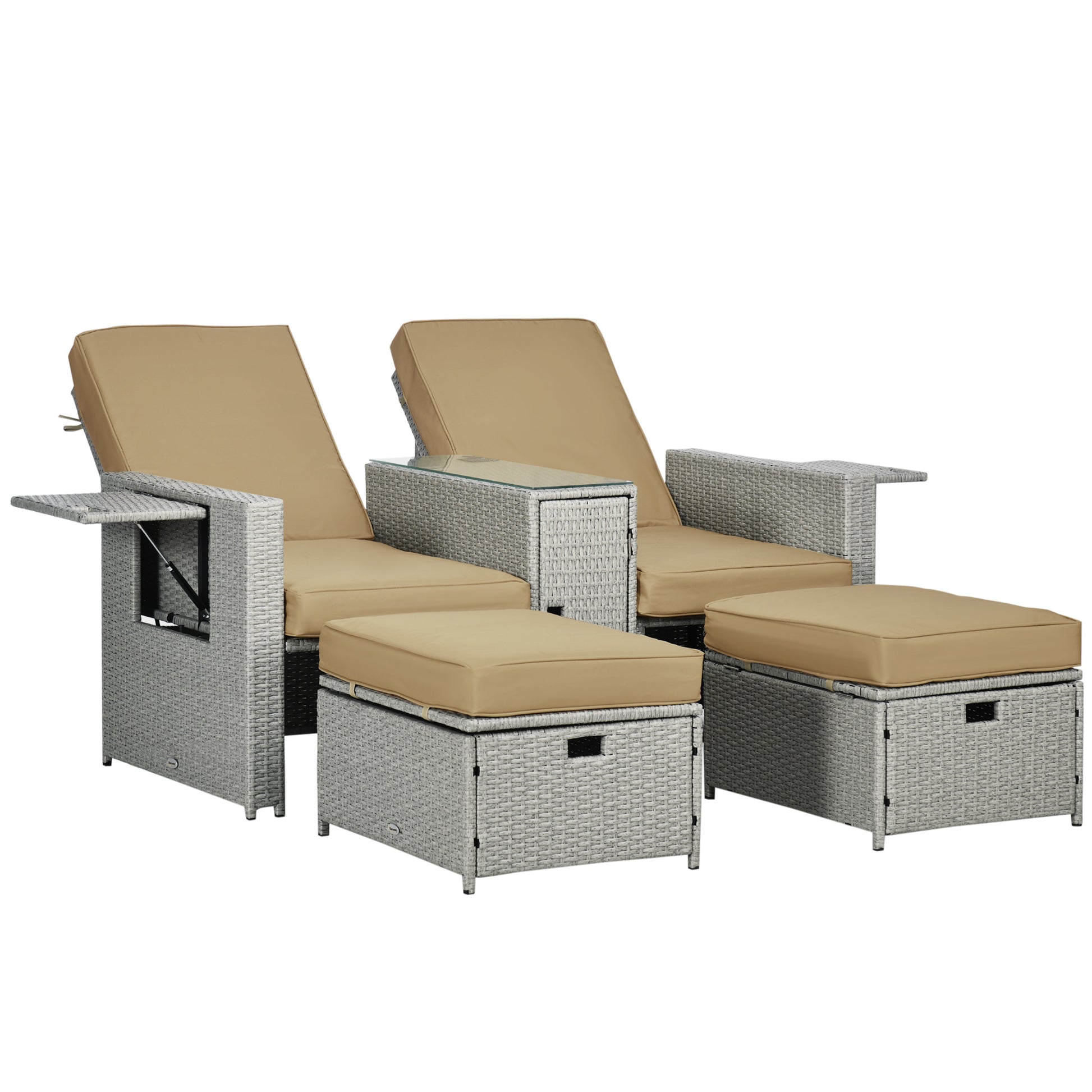 5PC Wicker Patio Lounger, Outdoor PE Rattan 5-level Adjustable Recliner Sofa Bed with Storage Side Table and Footstools,