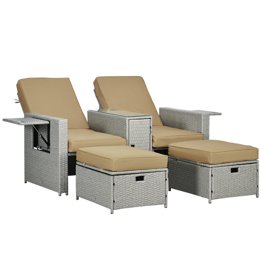 5PC Wicker Patio Lounger, Outdoor PE Rattan 5-level Adjustable Recliner Sofa Bed with Storage Side Table and Footstools,