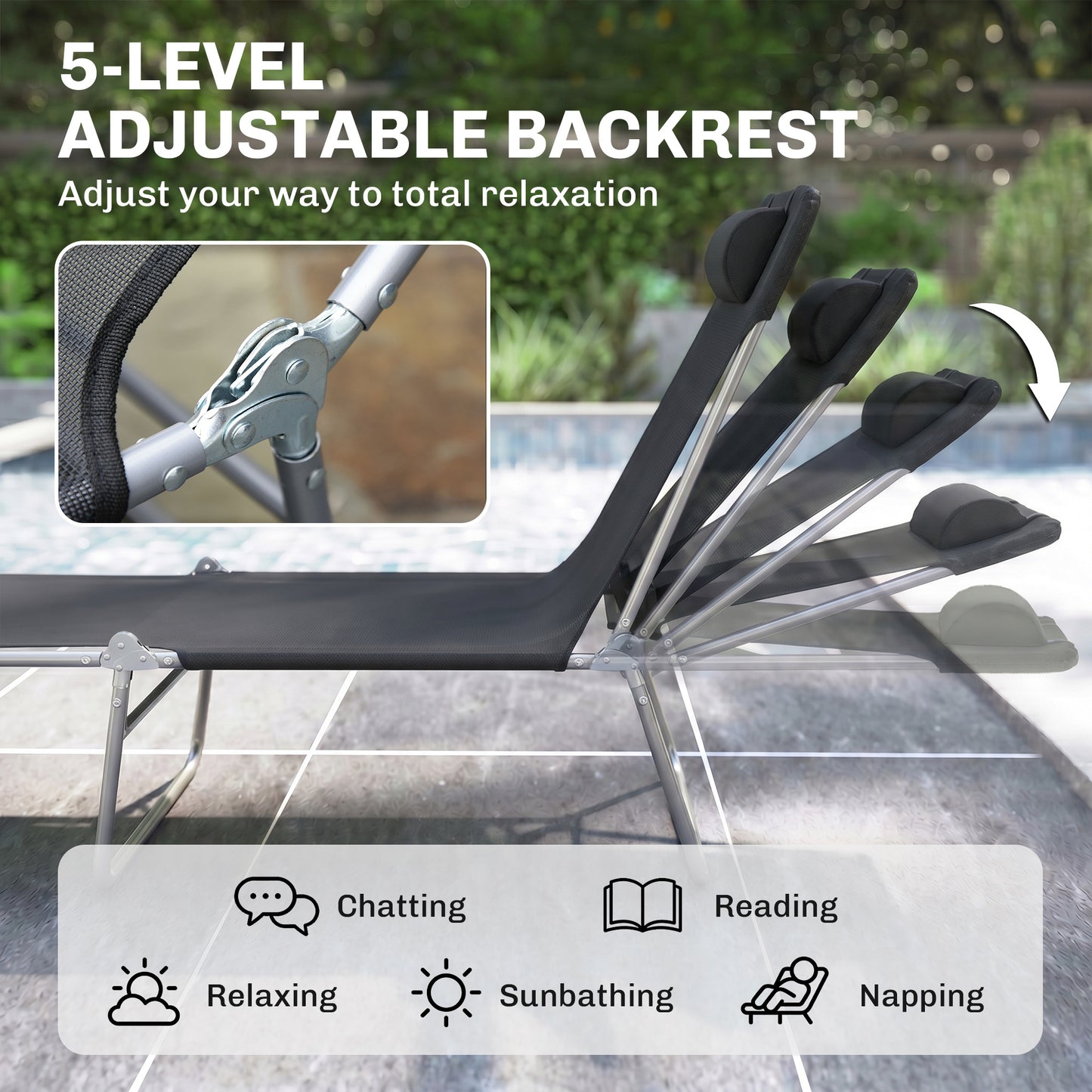 Outdoor Lounge Chair, Portable Adjustable Reclining Seat Folding Chaise Lounge Patio Camping Beach Tanning Chair Bed wit