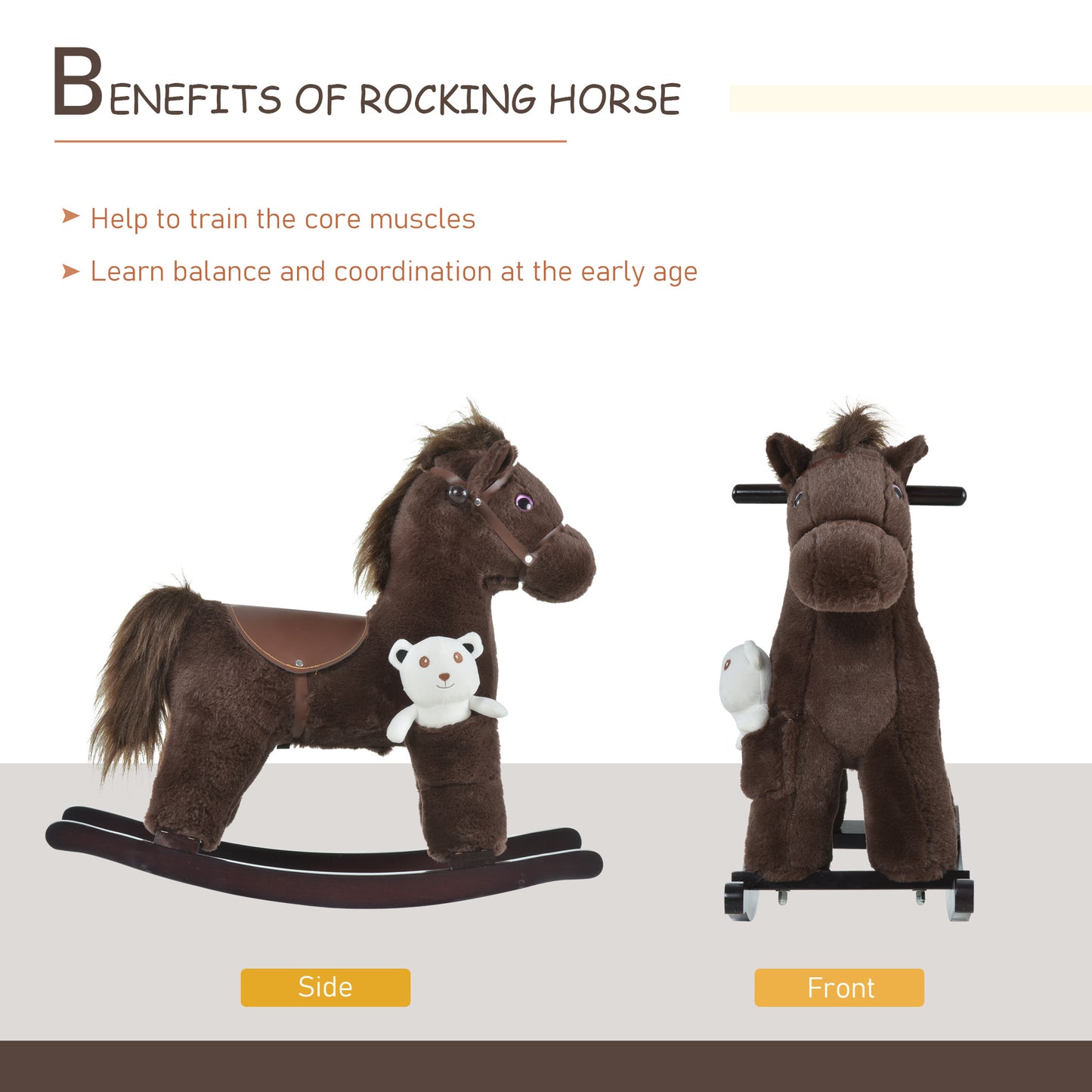 Qaba Kids Rocking Horse Plush Animal on Wooden Rockers with Sounds, Wooden Base and Bear Toy, Baby Rocking Chair, Brown