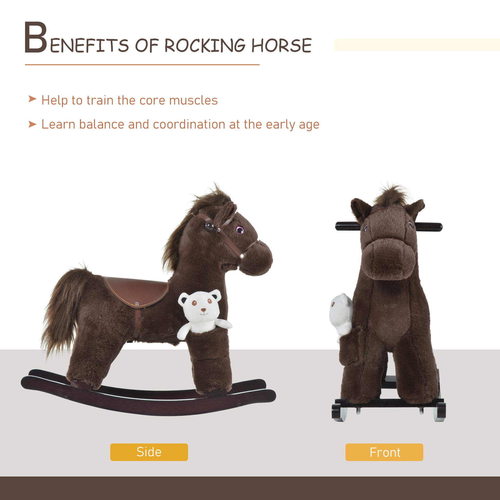 Qaba Kids Rocking Horse Plush Animal on Wooden Rockers with Sounds, Wooden Base and Bear Toy, Baby Rocking Chair, Brown
