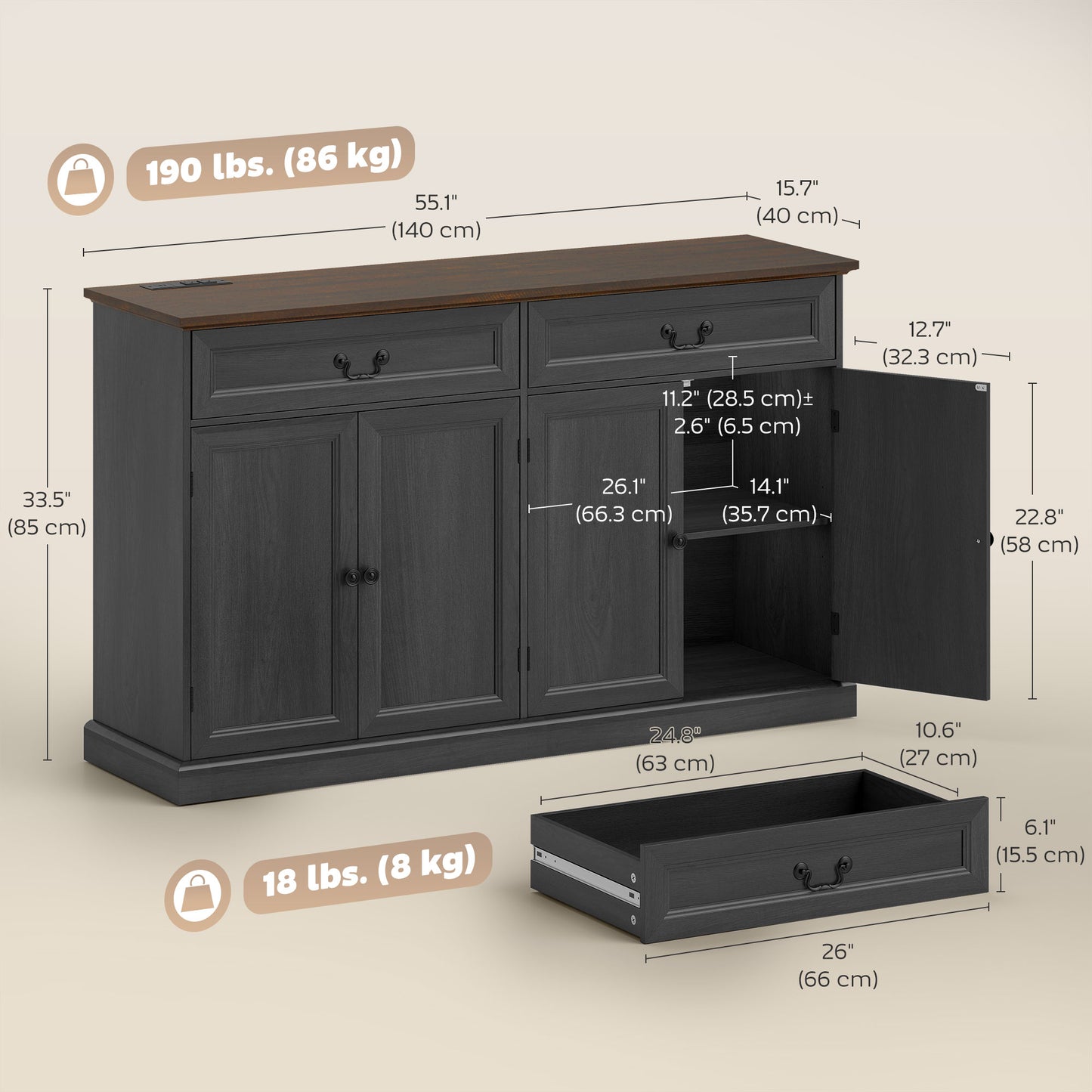 55" Farmhouse Sideboard Buffet Cabinet with Charging Station, 2 Drawers and 2 Adjustable Shelves, Black Wood Grain