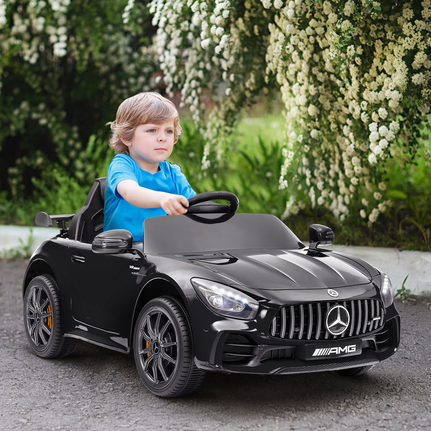 Qaba Mercedes-Benz AMG GTR Licensed 12V Battery Powered Kids Electric Car w/ Remote, Soft Start, Lights, Music Horn, Bla