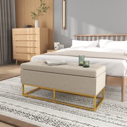 Storage Ottoman with Flip Top, Upholstered Storage Bench, Linen Fabric Footstool with Steel Legs for Living Room, Bedroo