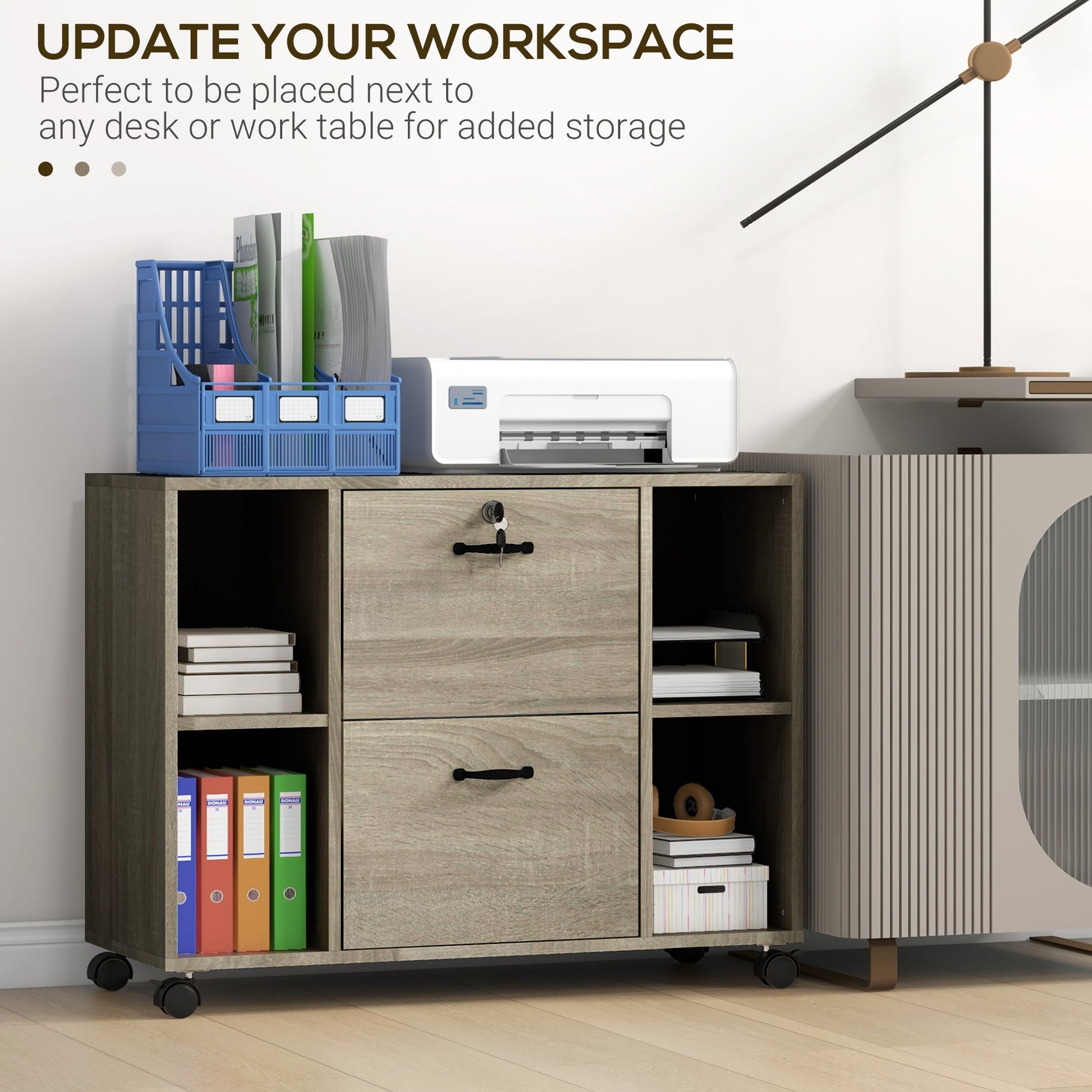 Lateral Filing Cabinet with Wheels and Lockable Drawer, File Cabinet, Mobile Printer Stand with Open Shelves for Letter 