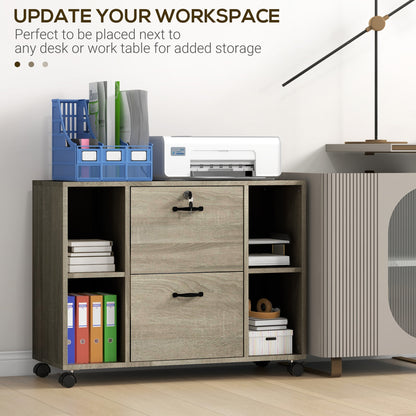 Lateral Filing Cabinet with Wheels and Lockable Drawer, File Cabinet, Mobile Printer Stand with Open Shelves for Letter 